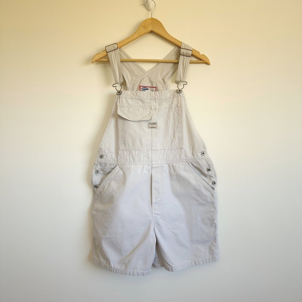 VTG Y2K Old Navy Khaki Cotton Canvas Shortalls Overalls Women Large 2000's Baggy
